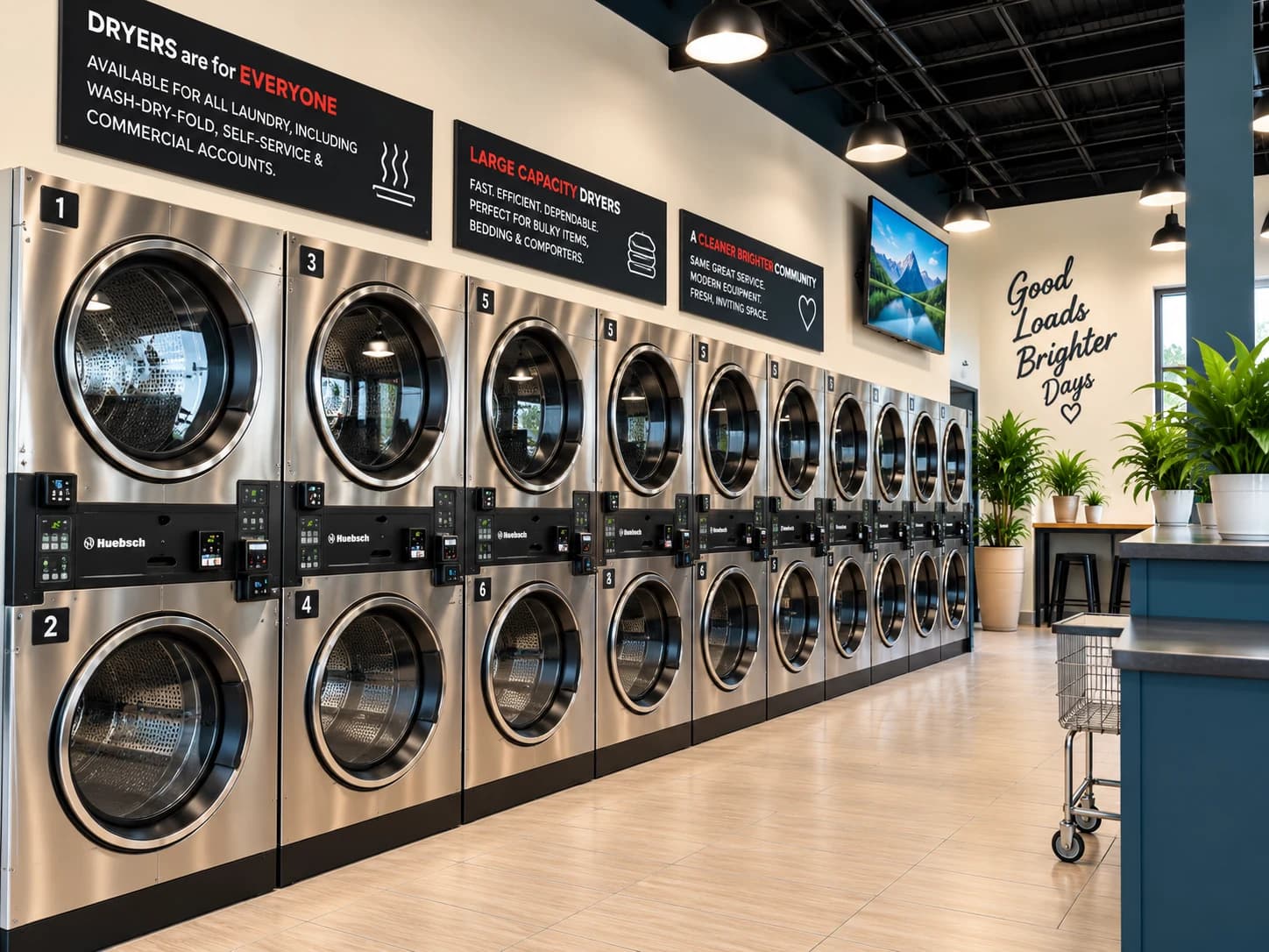 Dryer wall at Bullis Laundry with stacked stainless dryers and clear aisle space