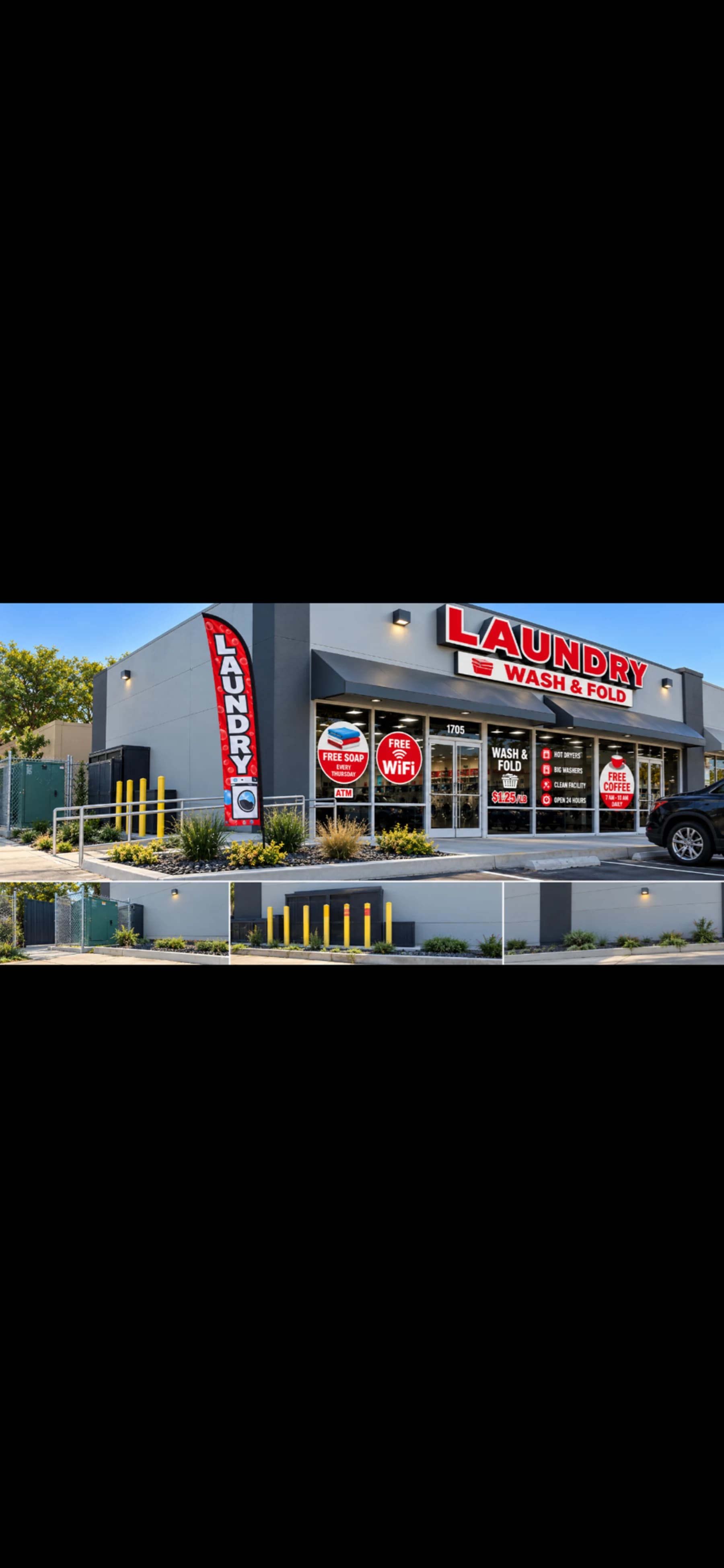 Bullis Laundry storefront exterior with free Wi-Fi, free dryers, free coffee, and wash and fold signage