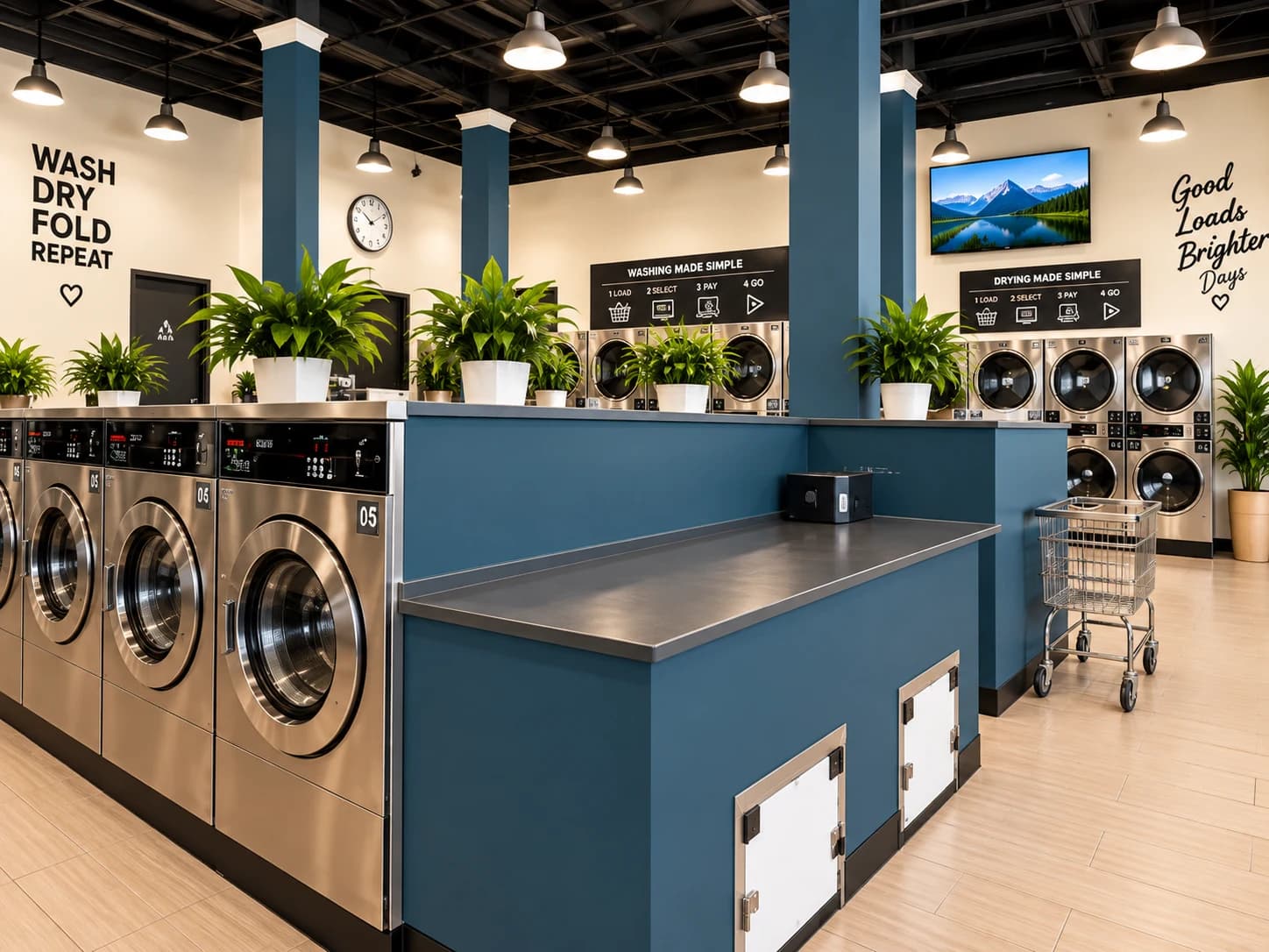 Interior lifestyle view of Bullis Laundry with plants, machines, and folding surfaces
